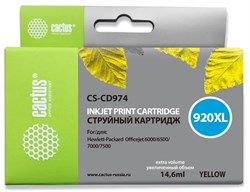 Струйный картридж Cactus CS-CD974 (HP 920XL) желтый увеличенной емкости для HP OfficeJet 6000 Pro, 6500, 6500a, 7000, 7500, 7500a (e910a) (14,6 мл) - фото 14624