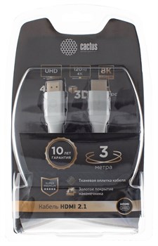 Кабель аудио-видео Cactus CS-HDMI.2.1-3 HDMI (m)/HDMI (m) 3м. позолоченные контакты, черный - фото 18862