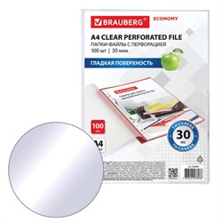Папки-файлы перфорированные А4 Brauberg "Ecoonomy", комплект 100 шт., гладкие, 30 мкм - фото 18994