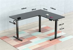 Стол для компьютера Cactus CS-EDXL-BBK угловой подъёмный столешница МДФ черный каркас черный, длины сторон 140 и 160 см, глубина 60 см - фото 20697
