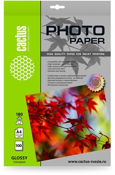 Фотобумага Cactus CS-GA4180100 A4, 180г/м2, 100л, белая глянцевая для струйной печати - фото 20802