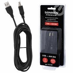 Кабель USB 2.0 AM-BM, 3 м, SONNEN Premium, медь, для периферии, экранированный, черный - фото 25268